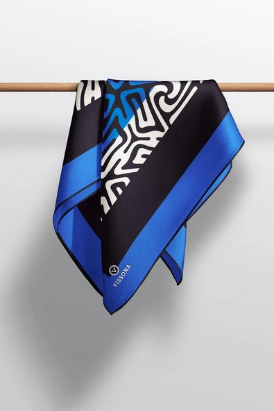 100% Twill İpek Bordürlü Dalga Desenli Siyah - Saks Renkli 90x90 Dikim Şekli : El Dikişi Eşarp - Resim 4