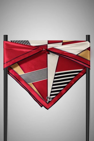 %100 Twill İpek Çizgili ve Geometrik Desenli Bordo - Vizon Renkli 90x90 Eşarp Dikim Şekli : El Dikişi - Resim 6