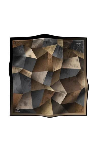 % 57 İPEK % 43 VİSKON Twill İpek Geometrik Desenli Bej - Gri Renkli 90x90 Eşarp Dikim Şekli : El Dikişi - Resim 2
