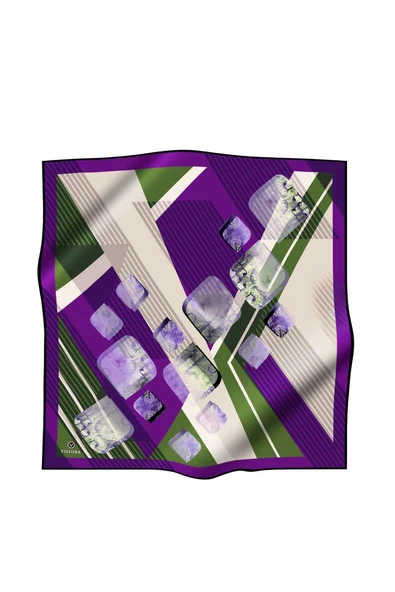 %100 Twill İpek Geometrik Desenli Mor - Haki Renkli 90x90 Eşarp Dikim Şekli : El Dikişi - Resim 2