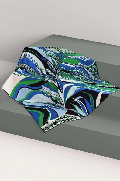 100% Twill Etnik Yaprak Desenli Saks Renkli 90x90 Dikim Şekli : El Dikişi Eşarp - Resim 6