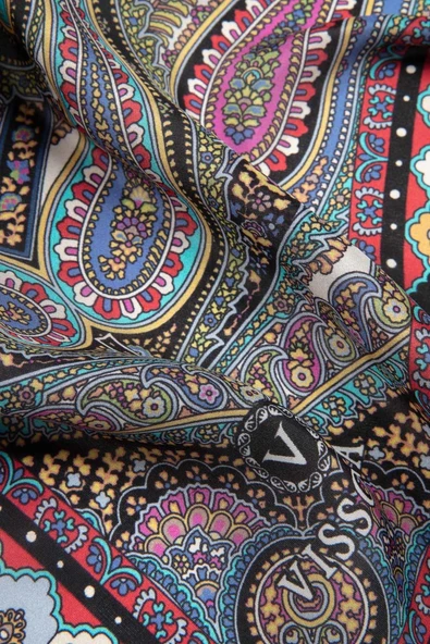 100% İPEK ETRO DESENLİ BEJ - SAKS RENKLİ ŞAL - Resim 3