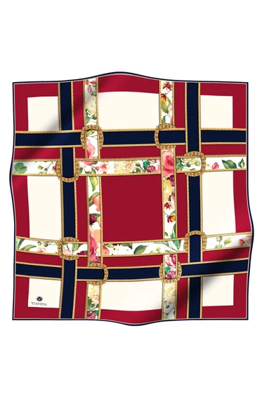 100% Twill İpek Şeritli Çiçek Desenli Bordo - Lacivert Renkli 90x90 Dikim Şekli : El Dikişi Eşarp - Resim 2