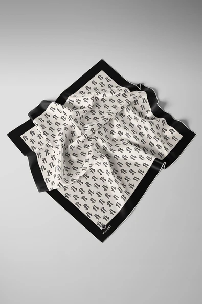 %100 Twill İpek Geometrik Desenli Krem - Siyah Renkli 90x90 Eşarp Dikim Şekli : El Dikişi - Resim 4