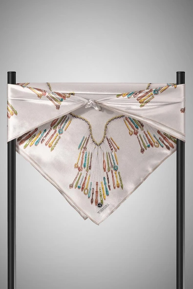 %100 Twill İpek Zincir Desenli Krem Renkli 90x90 Eşarp Dikim Şekli : El Dikişi - Resim 5
