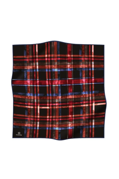 %100 Twill İpek Ekose Desenli Siyah - Kırmızı Renkli 90x90 Eşarp Kenar Dikiş Şekli El Dikişli - Resim 2