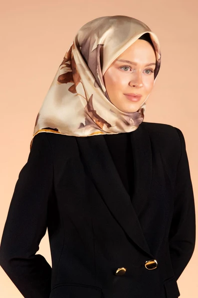 %100 Twill İpek Yaprak Desenli Bej - Hardal Renkli 90x90 Eşarp Dikim Şekli : El Dikişi - Resim 2