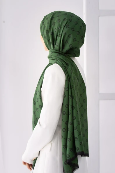 % 100 İpek V Logo Desenli Zümrüt Yeşili Renkli 90x210 Şal ürün görseli