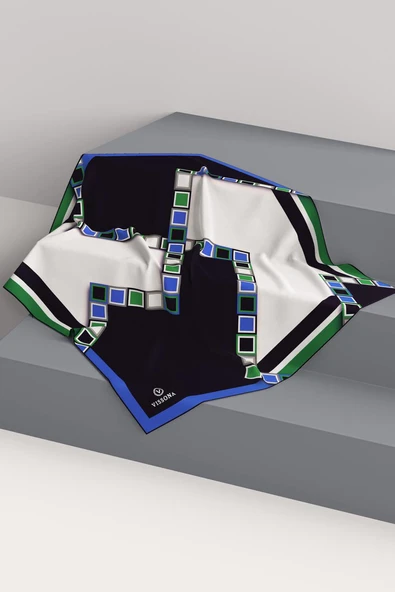 %100 Twill İpek Geometrik Desenli Saks - Zümrüt Yeşili Renkli 90x90 Eşarp Dikim Şekli : El Dikişi - Resim 6