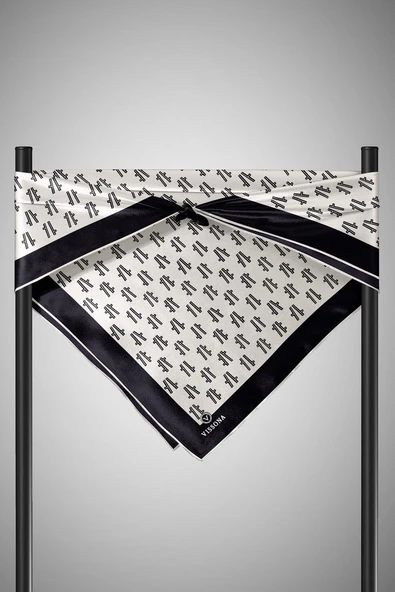 %100 Twill İpek Geometrik Desenli Krem - Siyah Renkli 90x90 Eşarp Dikim Şekli : El Dikişi - Resim 3
