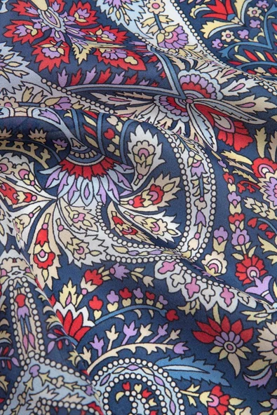 100% İpek Etro Desenli Lacivert - Kırmızı Renkli 92x210 Şal - Resim 3