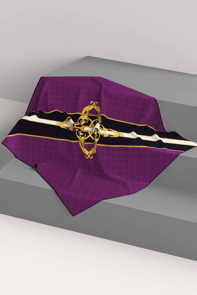 %100 Twill İpek Monogram Ve Barok Desenli Mürdüm - Siyah Renkli 90x90 Eşarp Dikim Şekli : El Dikişi - Resim 6