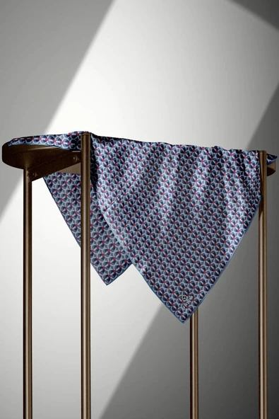 %100 Twill İpek Geometrik Desenli İndigo - Bordo Renkli 90x90 Eşarp Dikim Şekli : El Dikişi - Resim 3