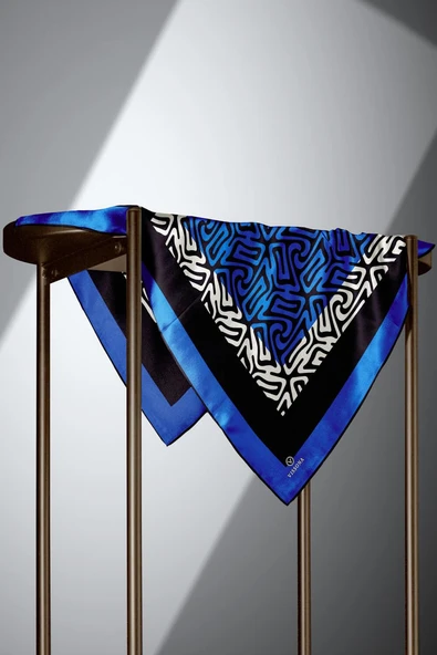 100% Twill İpek Bordürlü Dalga Desenli Siyah - Saks Renkli 90x90 Dikim Şekli : El Dikişi Eşarp - Resim 6