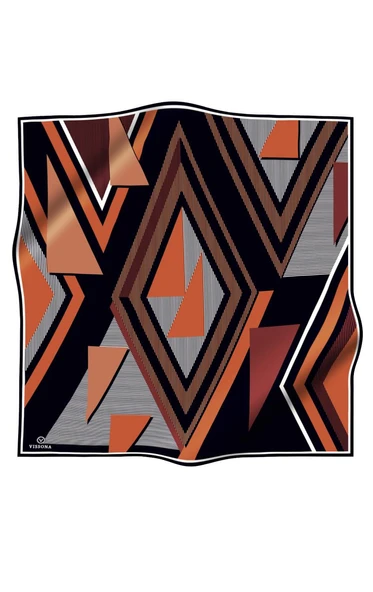 %100 Twill İpek Geometrik Desenli Taba - Siyah Renkli 90x90 Eşarp Dikim Şekli : El Dikişi - Resim 2