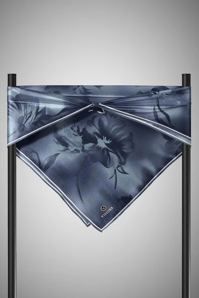 100% Twill İpek Çiçek Desenli Bebe Mavisi Renkli 90x90 Dikim Şekli : El Dikişi Eşarp - Resim 6