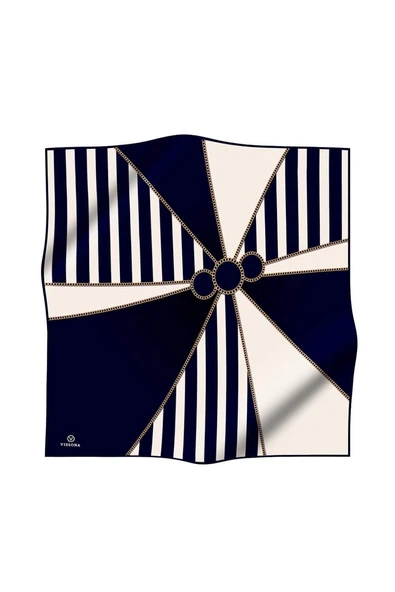 %100 Twill İpek Zincirli Çizgi Desenli Lacivert - Krem Renkli 90x90 Eşarp Dikim Şekli : El Dikişi - Resim 2