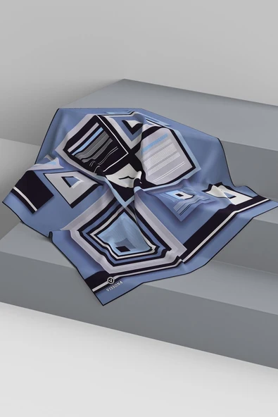 %100 Twill İpek Kare Desenli İndigo - Gri Renkli 90x90 Eşarp Kenar Dikiş Şekli El Dikişli - Resim 6