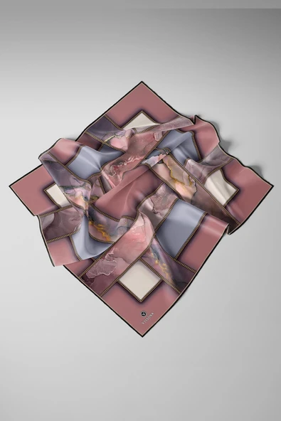 %100 Twill İpek Efektli Bant Desenli Pudra - Gri Renkli 90x90 Eşarp Dikim Şekli : El Dikişi - Resim 4