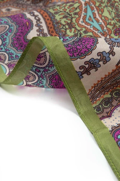 100% İpek Etro Desenli Haki Renkli 92x210 Şal - Resim 4