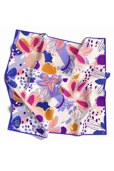 Twill Yumuşak Dokulu Çiçekli Batik Desenli Saks - İndigo Renkli 90x90 Eşarp (İpek İçermez) Dikim Şekli : El Dikişi ürün görseli