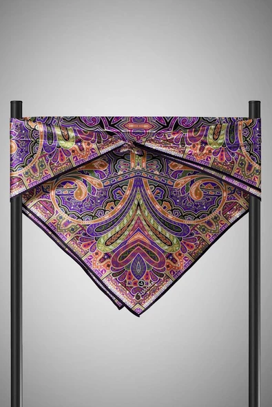 100% Twill İpek Etnik Desenli Siyah - Mor Renkli 90x90 Dikim Şekli : El Dikişi Eşarp - Resim 3