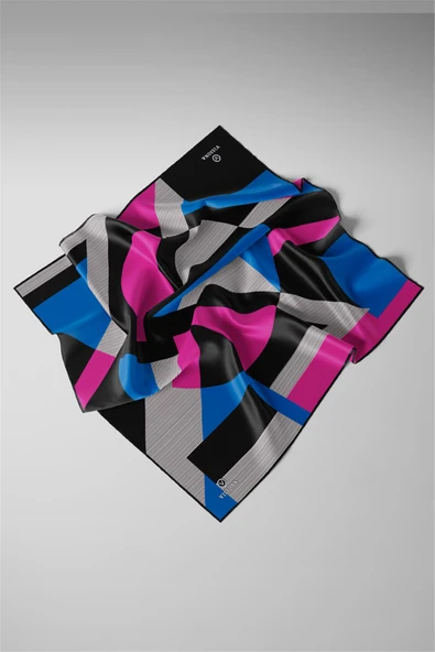 %100 Twill İpek Geometrik Çizgi Desenli Saks - Fuşya Renkli 90x90 Eşarp Kenar Dikiş Şekli El Dikişli - Resim 3