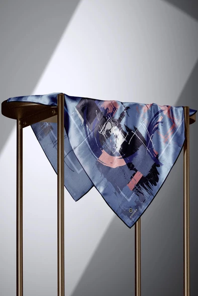 % 57 İPEK % 43 VİSKON Twill İpek Geometrik Desenli İndigo - Gül Kurusu Renkli 90x90 Eşarp Dikim Şekli : El Dikişi - Resim 4