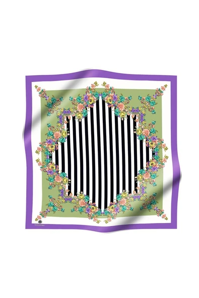 %100 Twill İpek Çıtır Çiçekli Ve Çizgi Desenli Mor - Haki Renkli 90x90 Eşarp Dikim Şekli : El Dikişi - Resim 2