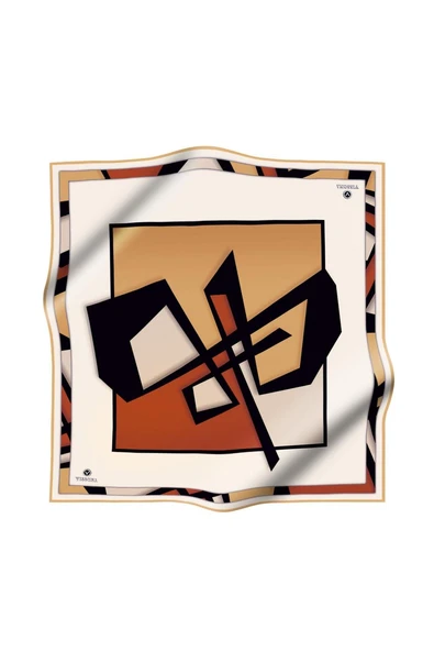 %100 Twill İpek Geometrik Desenli Taba - Gold Renkli 90x90 Eşarp Dikim Şekli : El Dikişi - Resim 2