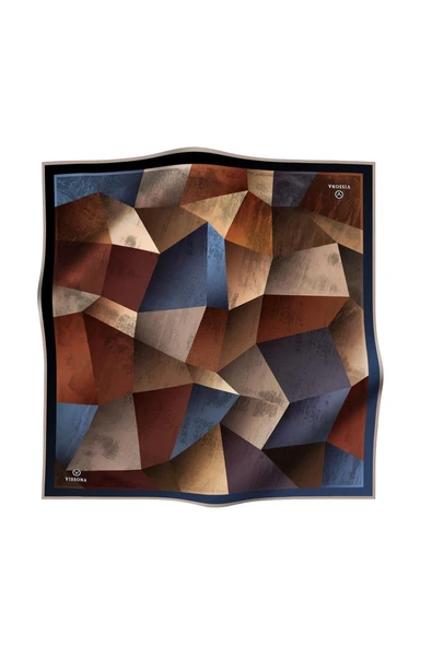 % 57 İPEK % 43 VİSKON Twill İpek Geometrik Desenli Kiremit - İndigo Renkli 90x90 Eşarp Dikim Şekli : El Dikişi - Resim 2