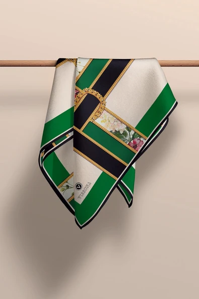 100% Twill İpek Şeritli Çiçek Desenli Zümrüt Yeşili - Krem Renkli 90x90 Dikim Şekli : El Dikişi Eşarp - Resim 5