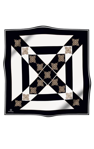 %100 Twill İpek Geometrik ve Barok Desenli Siyah - Krem Renkli 90x90 Eşarp Dikim Şekli : El Dikişi ürün görseli