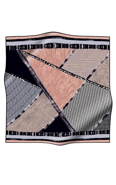 %100 Twill İpek Geometrik Desenli Somon - Bebe Mavisi Renkli 90x90 Eşarp Dikim Şekli : El Dikişi - Resim 2