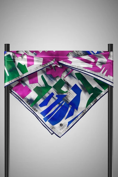 %100 Twill İpek Geometrik Desenli Fuşya - Saks Kabuğu Renkli 90x90 Eşarp Dikim Şekli : El Dikişi - Resim 6