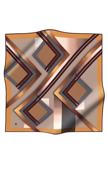 %100 Twill İpek Zebra Desenli Bej - Gold Renkli 90x90 Eşarp Dikim Şekli : El Dikişi - Resim 2