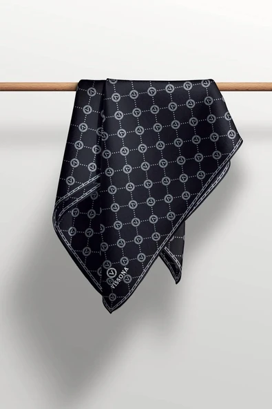 %100 Twill İpek Monogram Desenli Siyah - Gri Renkli 90x90 Eşarp Dikim Şekli : El Dikişi - Resim 5