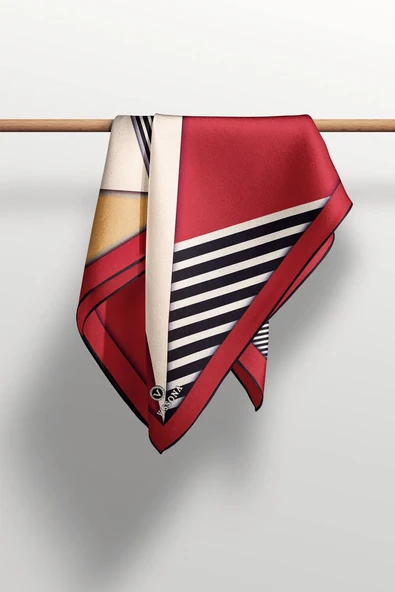 %100 Twill İpek Çizgili ve Geometrik Desenli Bordo - Vizon Renkli 90x90 Eşarp Dikim Şekli : El Dikişi - Resim 4