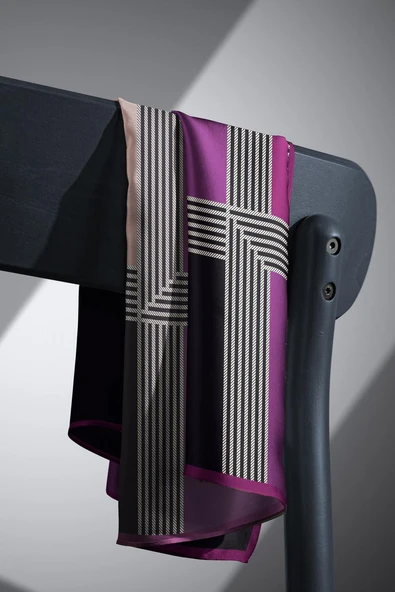 %100 Twill İpek Geometrik Desenli Mürdüm Renkli 90x90 Eşarp Dikim Şekli : El Dikişi - Resim 5