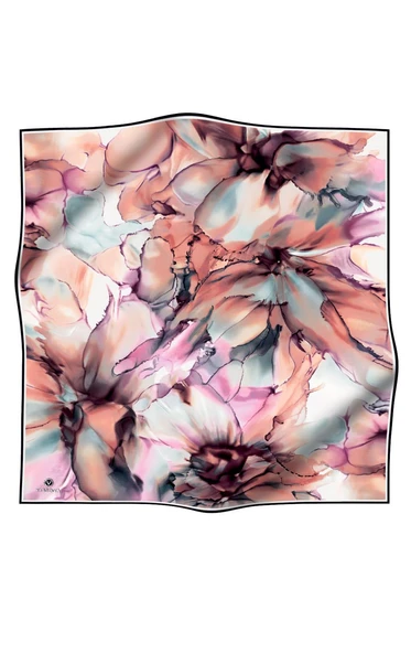 %100 Twill İpek Batik Çiçek Desenli Somon - Lila Renkli 90x90 Eşarp Kenar Dikiş Şekli El Dikişli - Resim 2