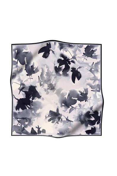 %100 Twill İpek Yaprak Desenli Gri Renkli 90x90 Eşarp Dikim Şekli : El Dikişi - Resim 6