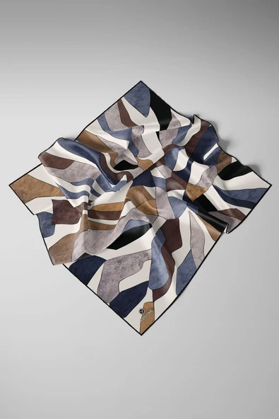 %100 Twill İpek Geometrik Desenli Bej - Gri Renkli 90x90 Eşarp Dikim Şekli : El Dikişi - Resim 4