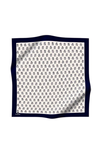 %100 Twill İpek Geometrik Desenli Krem - Lacivert Renkli 90x90 Eşarp Dikim Şekli : El Dikişi - Resim 2