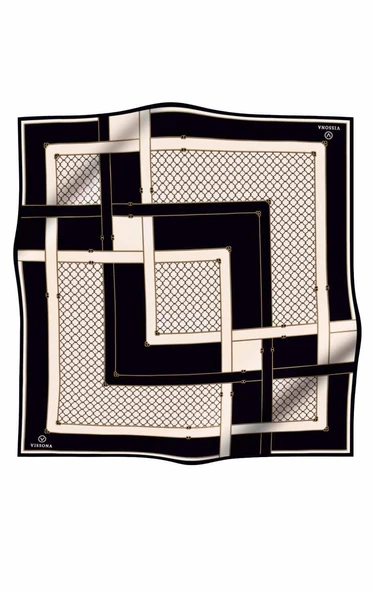 %100 Twill İpek Geometrik Desenli Siyah - Krem Renkli 90x90 Eşarp Dikim Şekli : El Dikişi - Resim 2