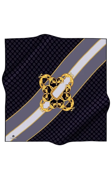 %100 Twill İpek Monogram Ve Barok Desenli Siyah - Gri Renkli 90x90 Eşarp Dikim Şekli : El Dikişi - Resim 2