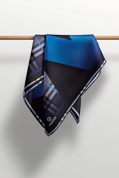 % 57 İPEK % 43 VİSKON Twill İpek Ekose Desenli Saks - Siyah Renkli 90x90 Eşarp Dikim Şekli : El Dikişi - Resim 5