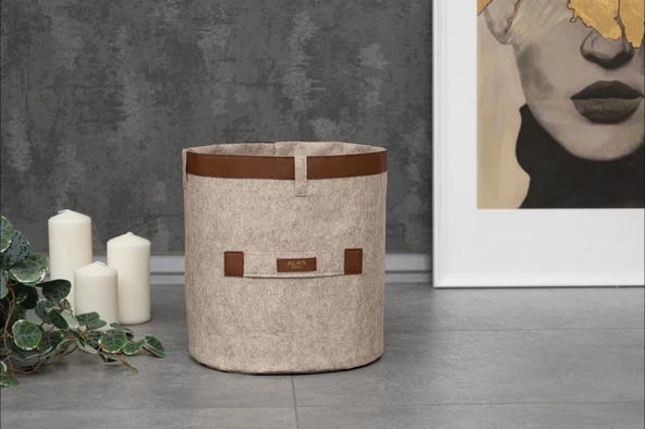 Deri Şeritli Yuvarlak Çok Amaçlı Düzenleyici Organizer Kutu Keçe Sepet (maxi) 03815 - Resim 6