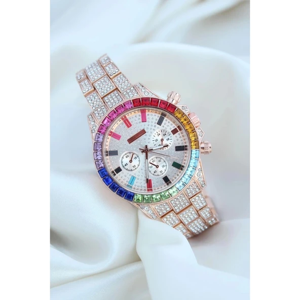 Clariss Trend Rose Metal Kordonlu Zirkon Taş Kaplama Renkli Taşlı Kasa Tasarımlı Lüx Kadın Kol Saati ürün görseli 1