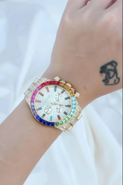 Clariss Trend Gold Metal Kordonlu Zirkon Taş Kaplama Renkli Taşlı Kasa Tasarımlı Lüx Kadın Kol Saati - Resim 4