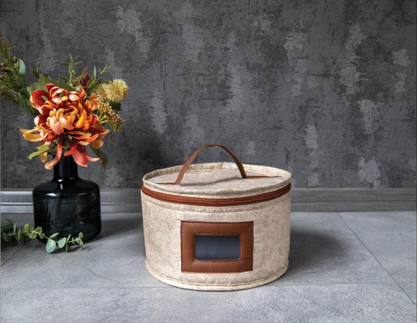 Deri Şeritli Pencereli Yuvarlak Çok Amaçlı Düzenleyici Organizer Kutu Keçe Çanta (mini) - Resim 2